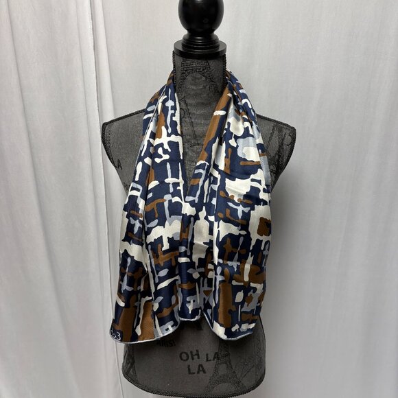 Echo Silk Scarf Abstract Blue Brown White Rectangle Vintage Modernist Classy - Picture 4 of 6